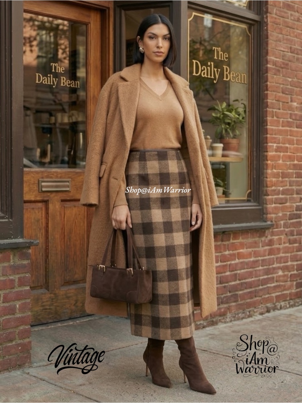Vintage Wool Herringbone Chocolate Tan Plaid Leather Trim Equestrian Midi Skirt - Picture 2 of 10
